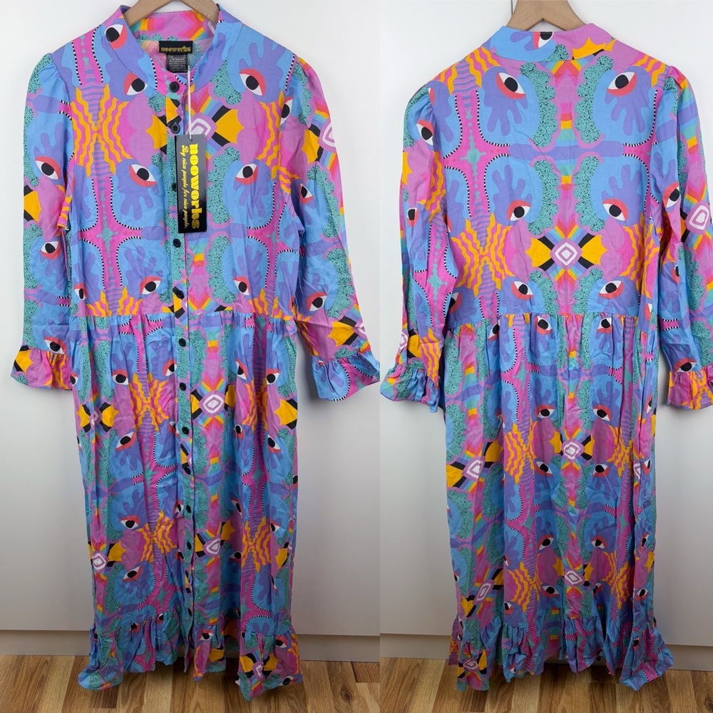 Nooworks Mucci Olive Dress Eye Rainbow Button Front Long Sleeve Maxi NEW Large - Picture 2 of 8